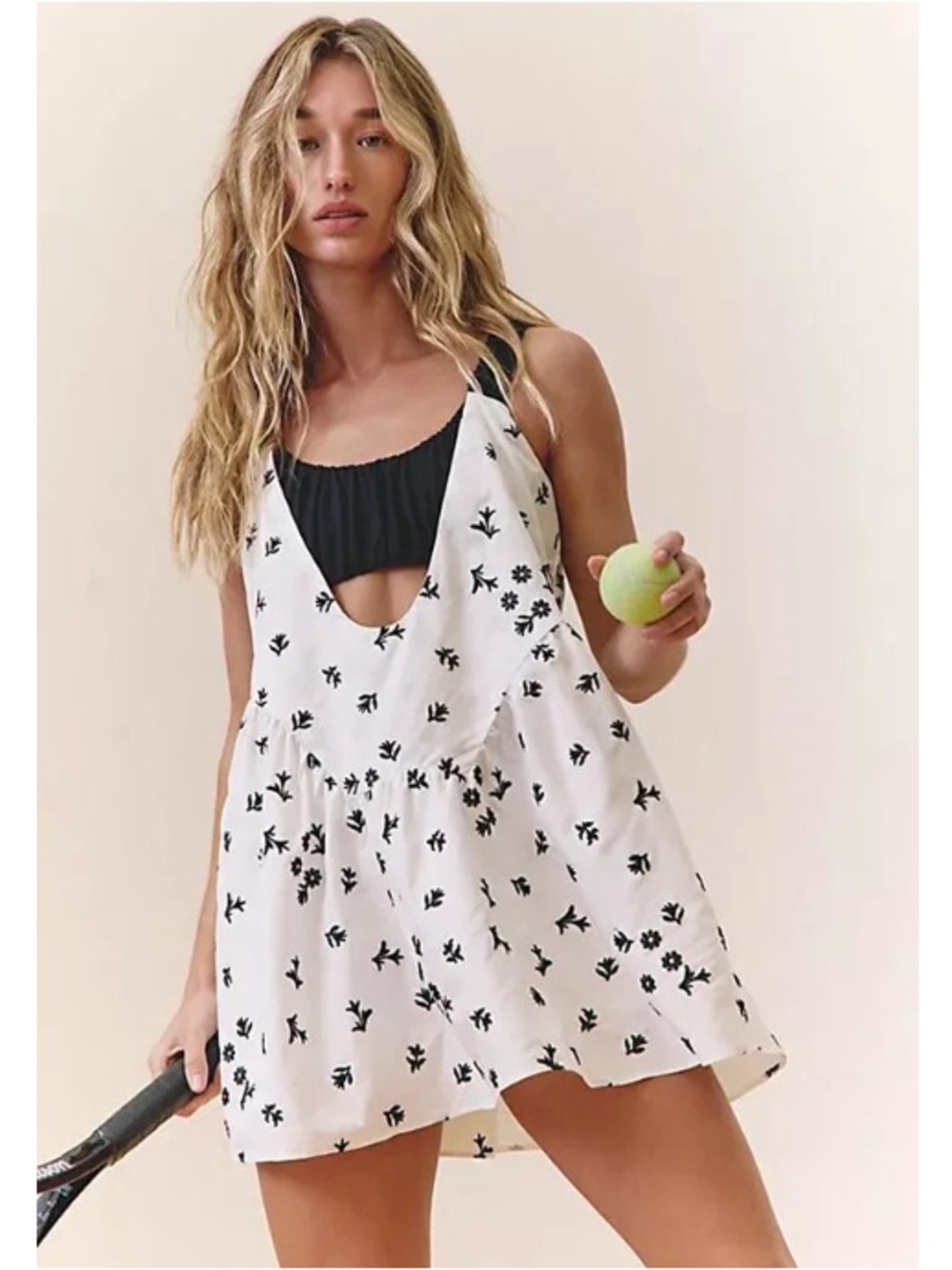 Free People One Two Punch Embroidered White Mini Dress with Black Floral Accents